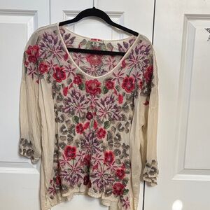 Johnny Was Cream Blouse with Floral Embroidery